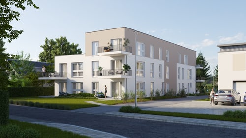 Modernes Apartmentgebäude mit Balkonen, weißer und beigefarbener Fassade, umgeben von Bäumen und einem Parkplatz.